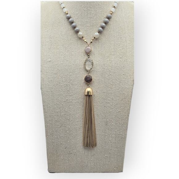 Loft Beaded Tassel Necklace Gold Gray Beads Statement Jewelry - Picture 8 of 8